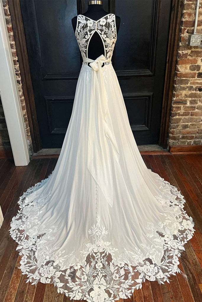 lace cowl neck wedding dress Boho Sheath Lace Wedding Dress with Cowl, Sleeveless and Lace Split Back, Floor Length