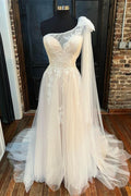 One-Shoulder A-Line Ivory Lace Tulle Backless Wedding Dress