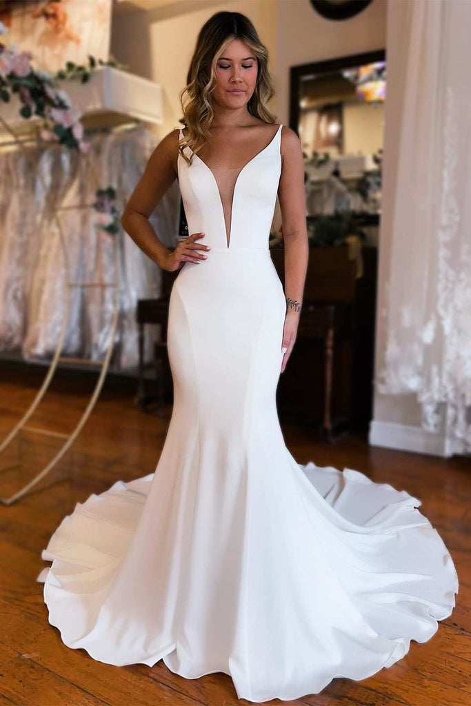 White Plunge V Backless Mermaid Long Court Wedding Dress
