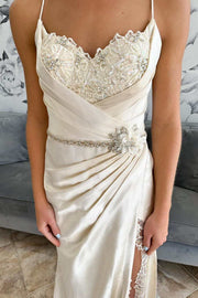 Beige Satin Lace Belted Ruching Long Gown with Slit