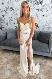 Beige Satin Lace Belted Ruching Long Gown with Slit