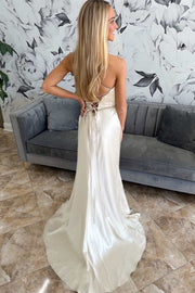 Beige Satin Lace Belted Ruching Long Gown with Slit