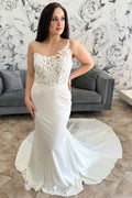 Asymmetrical White Floral Lace Mermaid Long Court Wedding Dress