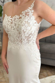 Asymmetrical White Floral Lace Mermaid Long Wedding Dress