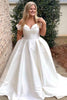 A-line White Satin Off Shoulder Pleats Long Court Bridal Gown