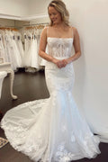 White Lace Square Neck Straps Trumpet Long Wedding Dress