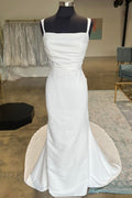 Mermaid White Satin Straight Neck Straps Long Sweep Wedding Dress
