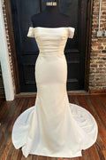 White Satin Off Shoulder Mermaid Long Sweep Wedding Dress, Buttons