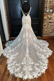 Appliques Backless Trumpet Long Wedding Dress