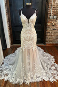 Trumpet Champagne Lace Plunging Backless Long Wedding Dress