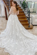 White Lace Tulle Long Sleeve Backless Chapel Wedding Dress