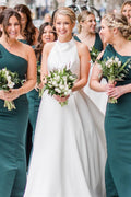A-line White Halter Satin Sleeveless Long Wedding Dress, Buttons