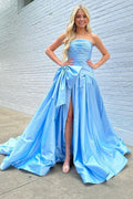 A-line Blue Taffeta Strapless Ruched Court Slit Long Prom Dress, Bow
