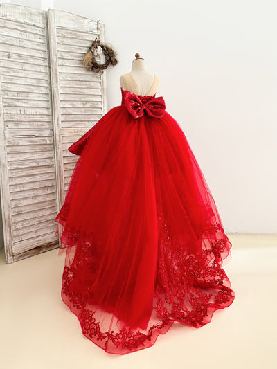 Red Sequin Hi-Low Lace Tulle Detachable Train Wedding Party Flower Girl Dress
