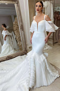 White Cold-Shoulder Ruffles Trumpet Long Chapel Wedding Dress