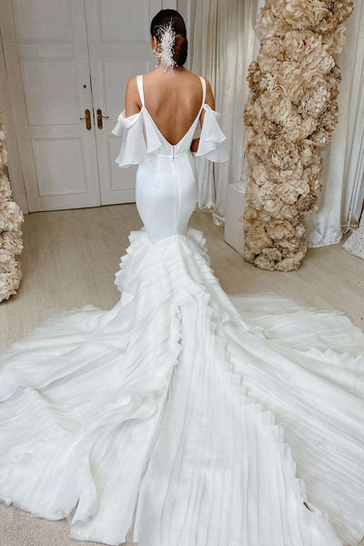 White Cold-Shoulder Ruffles Trumpet Long Dress