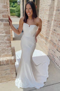 White Strapless Backless Mermaid Long Wedding Gown, Buttons