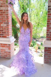 V-Neck Spaghetti Straps Appliques Mermaid Prom Dress Purple