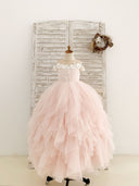 フリル コールドショルダー ピンク チュール フロアレングス ウェディング パーティー フラワー ガール ドレス