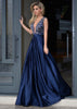 Vestido de Promoción de Satén Azul Real con A-Line, Espalda en V Profunda y Largo hasta el Suelo con Apliques de Perlas