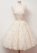 Lace Prom Dress Ivoy Ball Gown Scalloped Neck Cap Sleeve Knee-Length