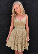Champagne Lace Cocktail Dress A-Line Sweetheart Short Mini Beaded Backless