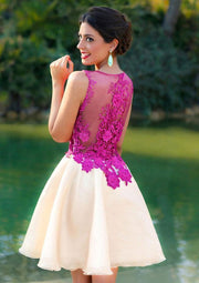 Chiffon Homecoming Dress A-Line Bateau Sleeveless Knee-Length Illusion Lace