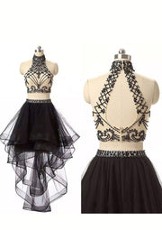 Organza Cocktail Dress Black Two Piece A-Line High-Neck Asymmetrical Beaded