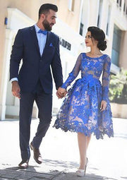 Vestido de baile princesa Bateau de manga comprida na altura do joelho em renda azul royal