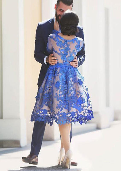 فستان الأميرة باتو بأكمام طويلة بطول الركبة من الدانتيل الأزرق الملكي لحفلات العودة للوطن