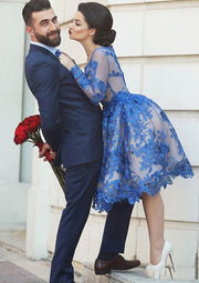 Princess Bateau Full Sleeve Knee-Length Royal Blue Lace Homecoming Dress