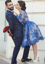 Vestido de baile princesa Bateau de manga comprida na altura do joelho em renda azul royal