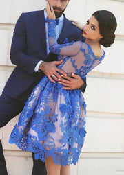 Princess Bateau Full Sleeve Knee-Length Royal Blue Lace Homecoming Dress