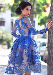 Vestido de fiesta de encaje azul real hasta la rodilla con manga completa de princesa Bateau