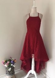 Кружевное Коктейльное Платье Трапеция Квадратный вырез Бордовый Высокий-низкий Без рукавов