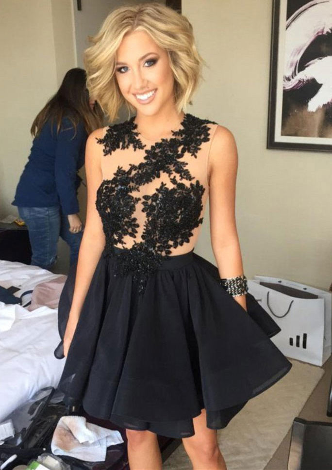 Chiffon Cocktail Dress Black A-Line Round Neck Sleeveless Short Mini, Lace Chiffon Cocktail Dress Black A-Line Round Neck Sleeveless Short Mini, Lace