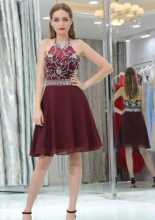 Chiffon Cocktail Dress A-Line Princess Halter Knee-Length Sleeveless, Beaded Chiffon Cocktail Dress A-Line Princess Halter Knee-Length Sleeveless, Beaded