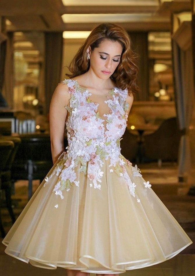 Organza Cocktail Dress Champagne A-Line Bateau V-Back Short Mini, Lace - Princessly Organza Cocktail Dress Champagne A-Line Bateau V-Back Short Mini, Lace - Princessly