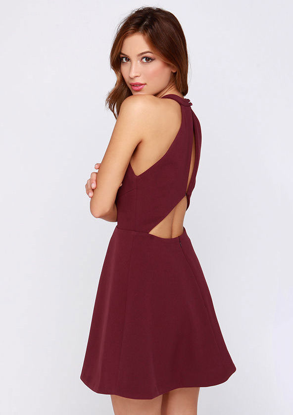 maroon halter homecoming dress A Line V Neck Halter Neck Burgundy Backless Prom Dresses, Burgundy Bac jbydress