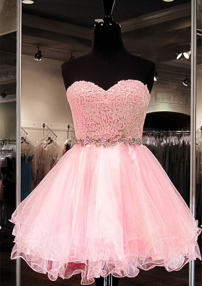 Princess Strapless Sweetheart Short Mini Tulle Homecoming Dress, Lace Rhinestone