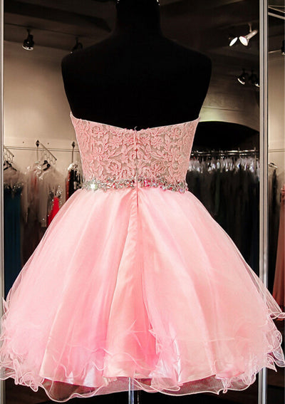 Abito corto da principessa in tulle corto con scollo a cuore senza spalline, strass in pizzo