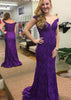 Robe de bal en dentelle violette sans manches à épaule dénudée et décolleté plongeant avec traîne
