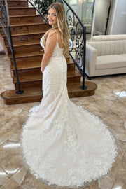 White Floral Lace Plunge V Backless Mermaid Long Wedding Dress