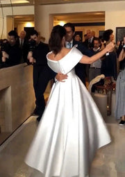 Satin Wedding Dress A-line/Princess Off-the-Shoulder Sleeveless Asymmetrical With Pleated