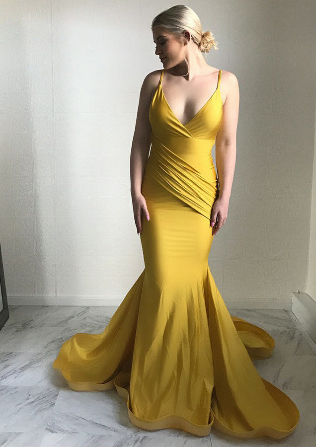 Gorgeous Mermaid Sleeveless V-neck Court Train Stretch Crepe Prom Dresses