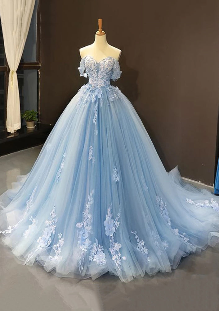 Princess Ball Gown Off-the-Shoulder Sweetheart Sweep Train Tulle Prom - Princessly Princess Ball Gown Off-the-Shoulder Sweetheart Sweep Train Tulle Prom - Princessly
