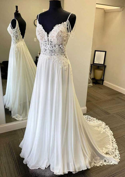 A-line V Neck Sleeveless Court Train Chiffon Wedding Dress With Beading Lace