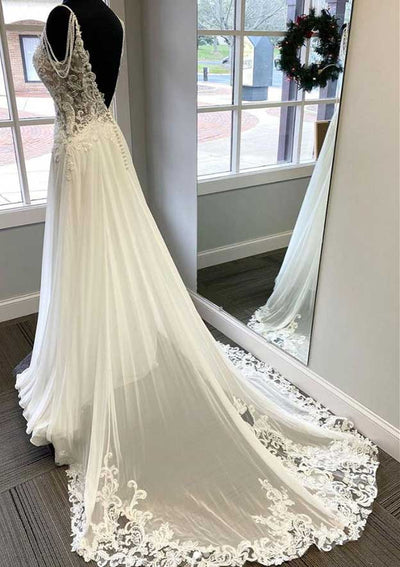 A-line V Neck Sleeveless Court Train Chiffon Wedding Dress With Beading Lace