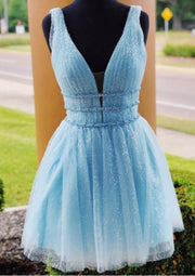 A-line Plunging Sleeveless Tulle Short Mini Homecoming Dress, Beading Glitter