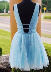 A-line Plunging Sleeveless Tulle Short Mini Homecoming Dress, Beading Glitter